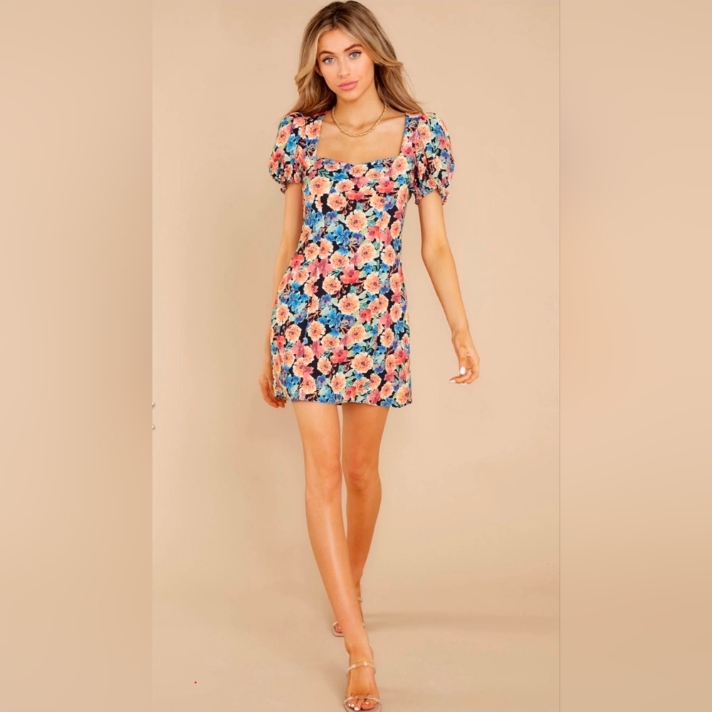 Olivaceous Floral Puff Sleeve Mini Dress - Pink and Blue